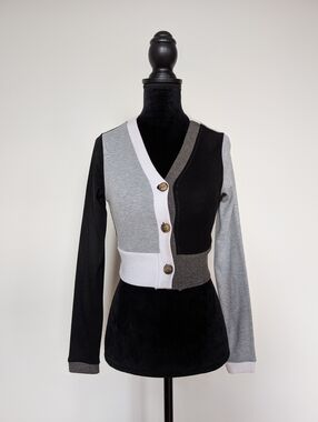 Cropped Long Sleeve Neutral Colourblock Cardigan
